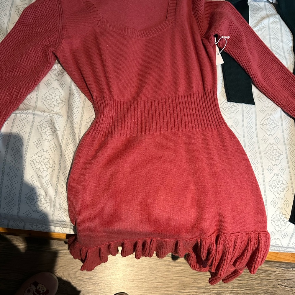 Women’s Red Knit Fringe Hem Dress